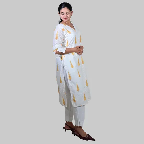 White with yellow hand block kurti